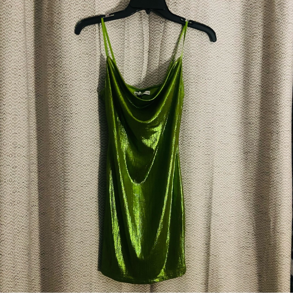 Like New Sincerely Jules Metallic Green Stretch Draped Mini Dress XS